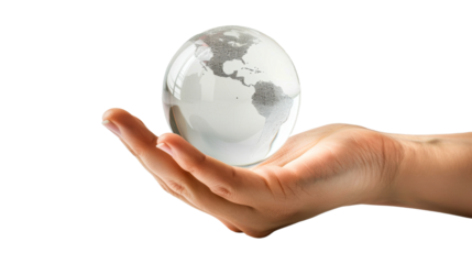 Person holding a clear globe showcasing continents and oceans isolated on transparent background