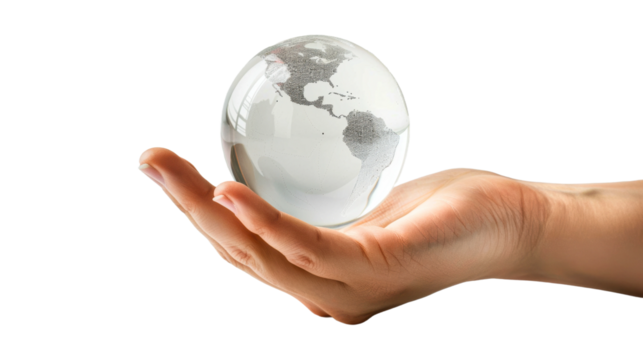 Person holding a clear globe showcasing continents and oceans isolated on transparent background