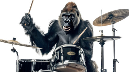 Gorilla drumming energetically on stage isolated on transparent background
