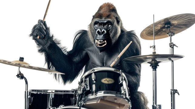 Gorilla drumming energetically on stage isolated on transparent background