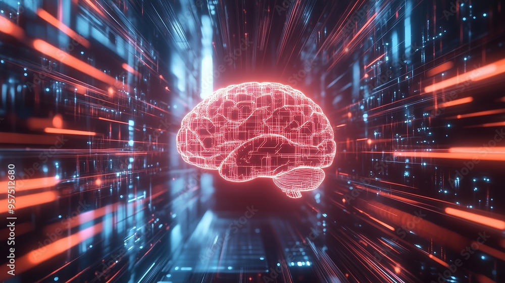 Poster neon brain structure surrounded by dynamic digital lines in a futuristic environment depicting artif