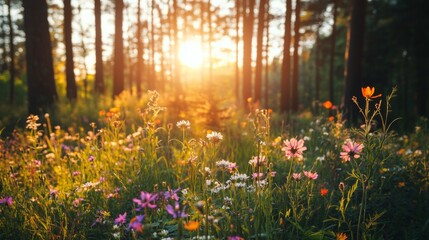Obraz premium Serene Forest Sunrise with Wildflowers