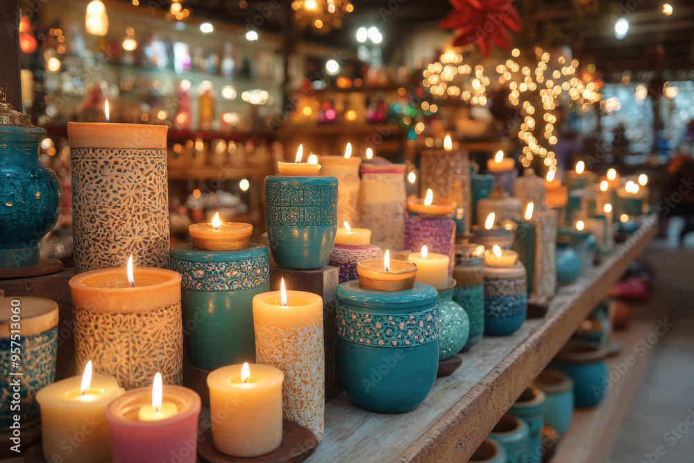 Poster a display of candles with many different colors and shapes
