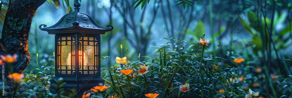 Poster illuminated lantern in a botanical setting