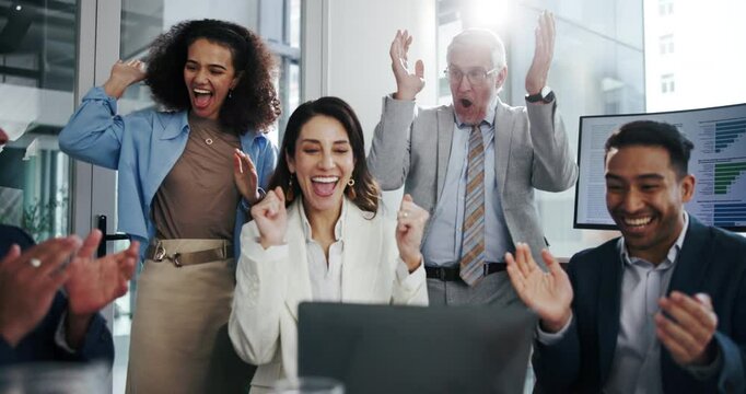 Meeting, applause and business people wow in office with success, achievement or good news. Happy, clapping and project management with teamwork win, discussion and celebration in workplace boardroom