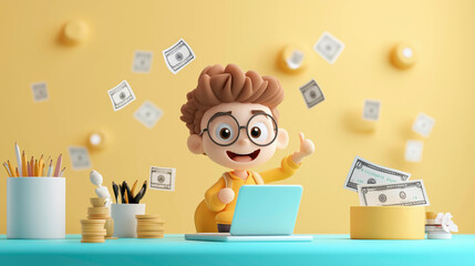 A cheerful cartoon character with a backpack and glasses sits at a table with a laptop, surrounded by floating dollar bills and a pile of coins. The background is bright yellow.