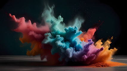 Dramatic abstract scene where multiple shades of color powder collide and mix in mid-air