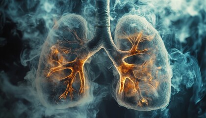 Closeup of human lungs with smoke, illustrating the dangers of cigarette smoking on health