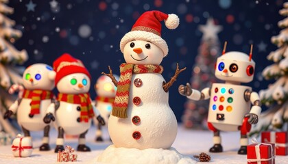Cute snowman, wearing a red Santa hat and a striped scarf. The snowman has a cheerful face with sparkling eyes and a carrot-shaped nose. In the background, there is a Christmas tree decorated. robots 