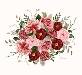 red pink floral vintage watercolor bouquet