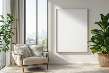Poster Frame in Beige minimalist living room interior created with generative AI