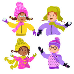 Set of happy children in bright winter clothes. Vector illustration.