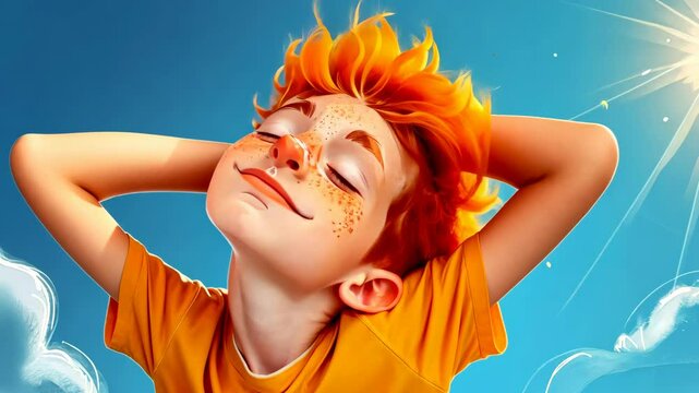 A thoughtful boy with red hair and freckles enjoys a sunny summer day, basking in warmth and joy, illustrated in a cartoon style.