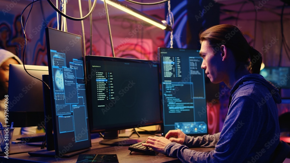 Aufkleber tracking shot of asian hacker arriving in hidden underground shelter, prepared to launch ddos attack