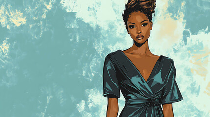 Fototapeta premium A beautiful woman in a blue dress poses in front of a colorful abstract background.