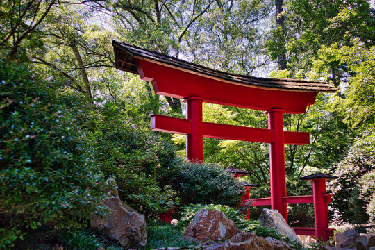 Red, Japanese Torri Temple gate garden entrance