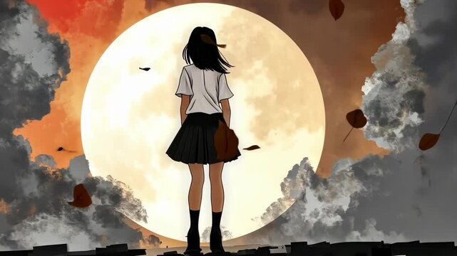 A striking graphic novelstyle illustration of a goth schoolgirl in a scifi fantasy setting, full of vibrant textures.