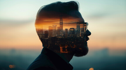 A silhouette of a man with a city skyline superimposed on his profile, symbolizing the connection between human ambition, urban life, and the pursuit of dreams in a modern world.