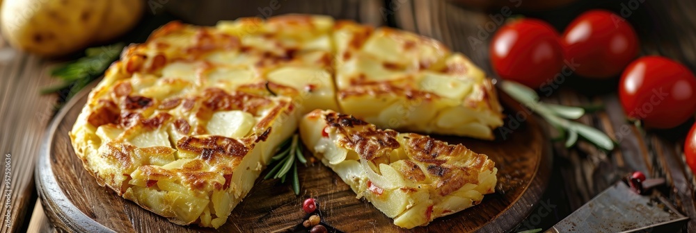 Wall mural close-up of a traditional potato tortilla presented on a wooden plate.