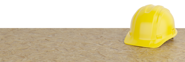 Yellow Construction Hard Hat Resting on Particleboard Banner Isolated. Transparent PNG.