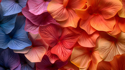 Naklejka premium Colorful close-up of vibrant flowers with layered petals, showcasing a gradient from cool blue hues to warm orange and pink tones. 