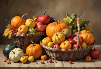 Pumpkins and vegetables with leaves in harvest basket background