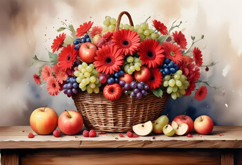 Autumn still life with apples and flowers in basket