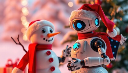 Naklejka premium Cute snowman, wearing a red Santa hat and a striped scarf. The snowman has a cheerful face with sparkling eyes and a carrot-shaped nose. In the background, there is a Christmas tree decorated. robots 