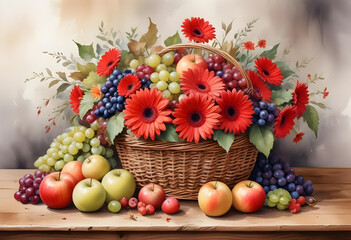 Autumn still life with apples and flowers in basket