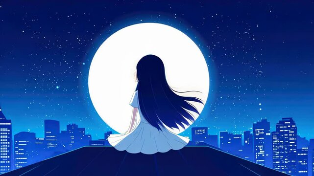 In a serene scene, an anime girl perches atop a roof, embracing the beauty of the night city and a shining moon.