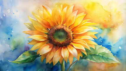 Fototapeta premium Bright sunflower in watercolor style with vibrant background and soft colors, copy space