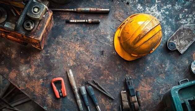 Maintenance worker tool kit arranged neatly on table at industrial worksite for easy access