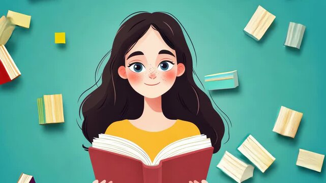 A young woman joyfully reads amidst a pile of colorful books, celebrating her love for literature on National Book Lovers Day.