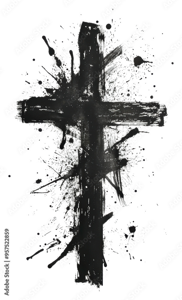 Poster abstract black cross with paint splatters isolated on transparent background