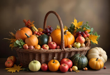 Pumpkins and vegetables with leaves in harvest basket background