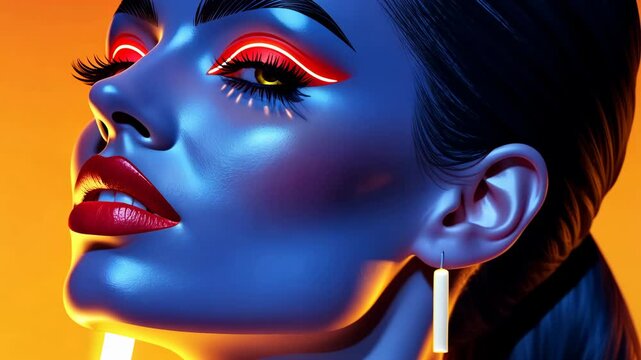 A vibrant illustration showcasing a womans face lit by dazzling lights, infused with cartoon charm and modern textures.