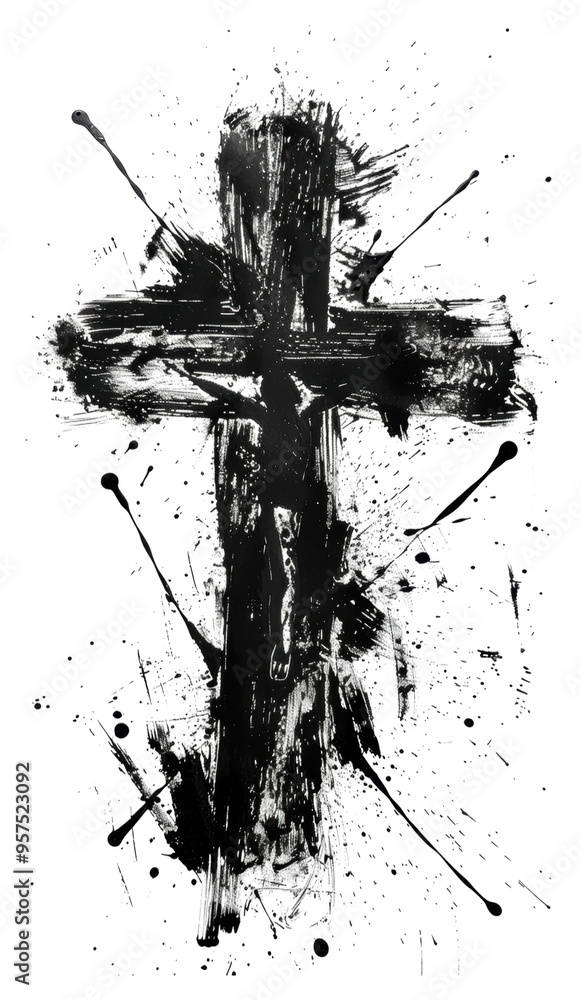 Poster black abstract cross with splatter art on a white background isolated on transparent background