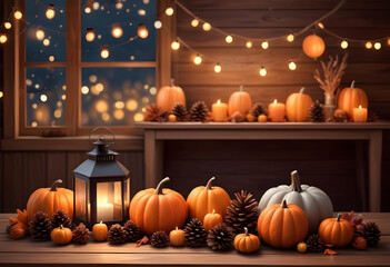 Obraz premium Halloween lanterns and pumpkins with candles on the background of snow