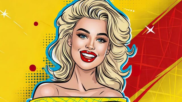 Vibrant pop art illustration of a smiling woman with blonde hair, showcasing bold colors and playful textures in cartoon style.