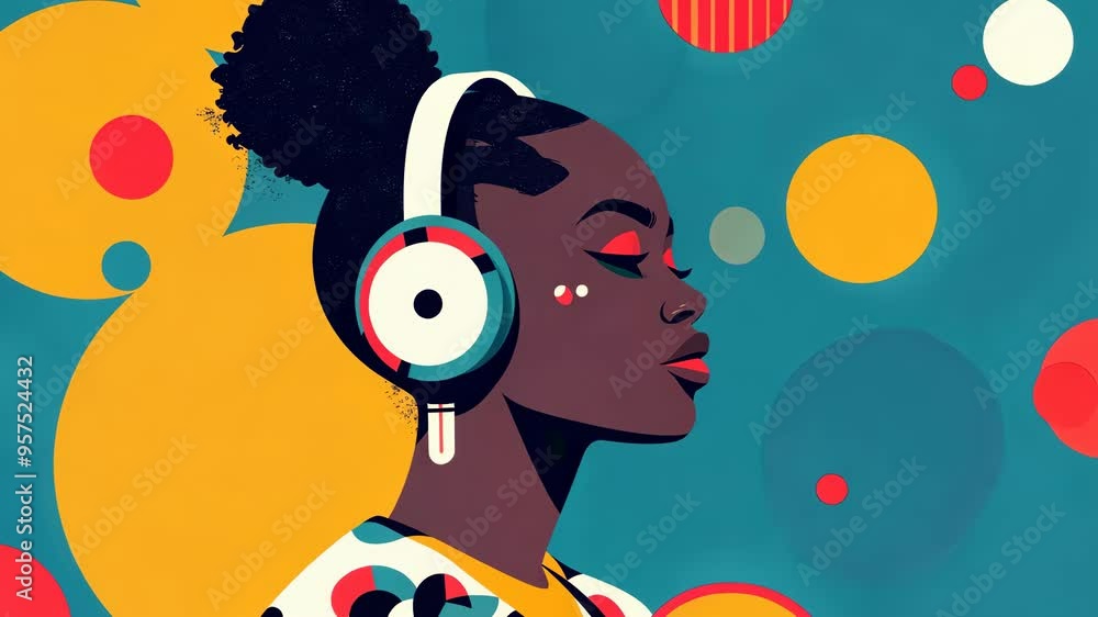 Canvas Prints vibrant afrofuturist art featuring a woman with headphones, blending modern textures in a playful ca