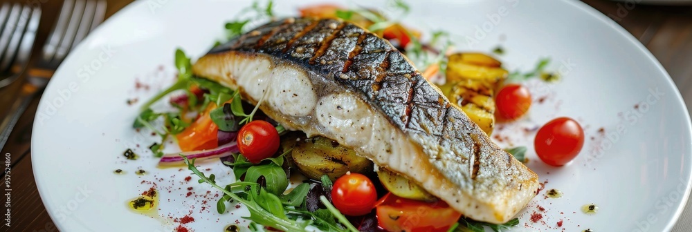 Poster grilled barramundi sea bass served with a fresh garden salad on a round white plate alongside cutler