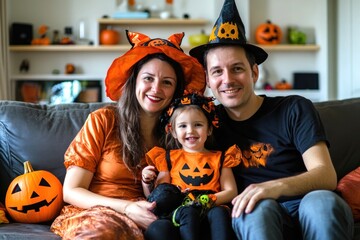 Fototapeta premium Halloween family moment! Parents and child in costumes sit on the sofa in a Halloween-themed living room, surrounded by spooky decorations, enjoying a playful and festive time together.
