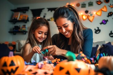 Fototapeta premium A heartwarming scene of a Latino family making Halloween decorations at home. The close-up of a smiling mother and child captures their creative bond during the festive holiday.