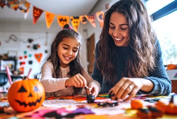 Fototapeta premium A Latino mother and child share a joyful moment making Halloween decorations together in their living room. The close-up captures their smiles and the fun of the festive family activity.