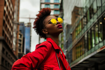 Obraz premium young South African woman showcases her unique style, urban backdrop