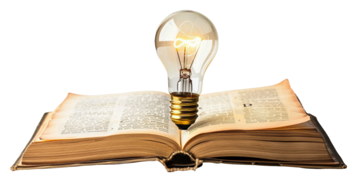 Light bulb emerging from an open book isolated on transparent background