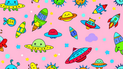 Seamless repeating pattern of colorful cartoon style aliens and spaceships