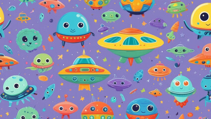 Naklejka premium Seamless repeating pattern of colorful cartoon style aliens and spaceships