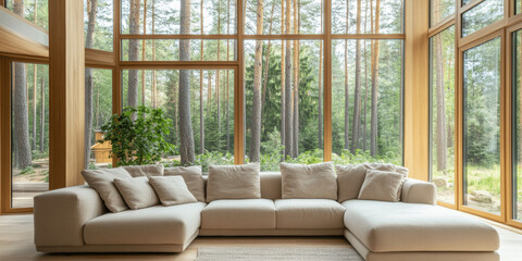 Minimalist Living Room with Beige Corner Sofa and Large Windows in Forest Country House