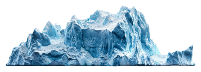 Large shimmering glacier with blue ice formations in natural light isolated on transparent background